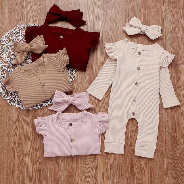 Newborn Baby Girl Romper Jumpsuit Clothes Set Knitted Bodysuit Headband Outfits