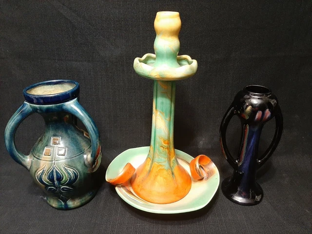 Thulin Belgium Arts & Crafts Art Nouveau.gouda Museum 3 Handled  Glazed Vase + 2