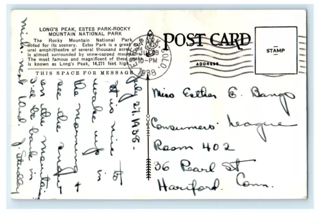 1938 Long Peaks From Bear Lake Estes Park Colorado CO Vintage Postcard 2