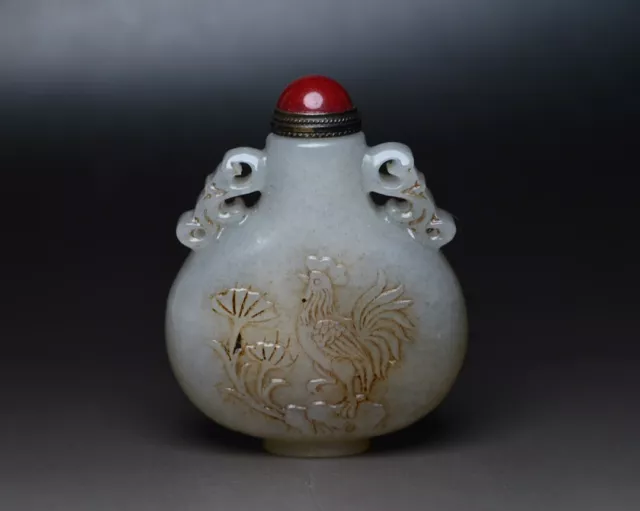 Chinese Old Beijing Hetian Jade Carved Chicken Statue Snuff Bottle Collectibles