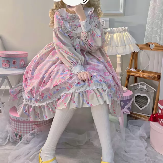 Lady Mesh Polka Dot Short Dress Lolita Girl Long Puff Sleeve