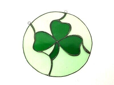 Vintage Used Green Stained Glass Three Leaf Clover Irish Wall Hanger Sun Catcher