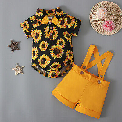 Toddler Baby Boys Girls Gentleman Outfit Sunflower T-Shirt Suspender Shorts