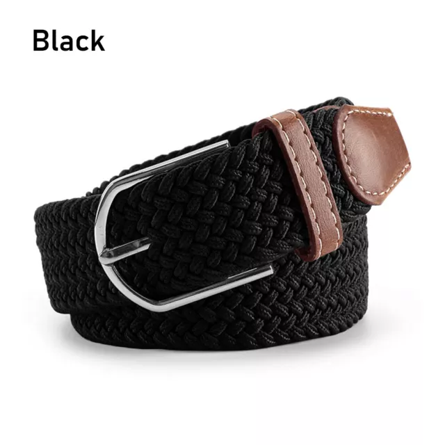 Unisex Elasticated Fabric Woven Braided Stretch Belt Leather Buckle Waistband.