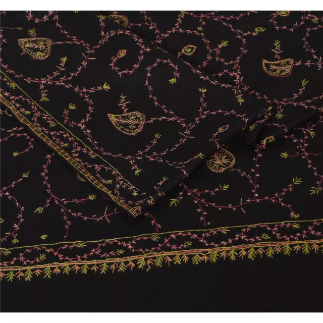 Sanskriti Vintage Hand Embroidered Woolen Shawl Black Sozni Stole Floral