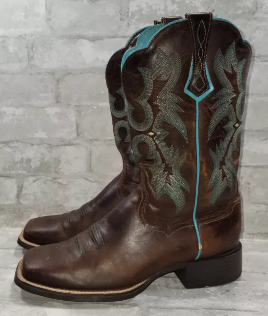 Ariat Tombstone Women's Midi Calf Boots Size 9.5B Square Toe  Brown/Turquoise
