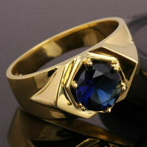 2Ct Simulated Blue Sapphire Prong Set Men's Engagement Ring Yellow Gold Plated
