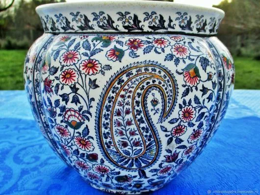cache pot fleurs ancien en faïence de Cachemire GIEN France Antique flowerpot fl