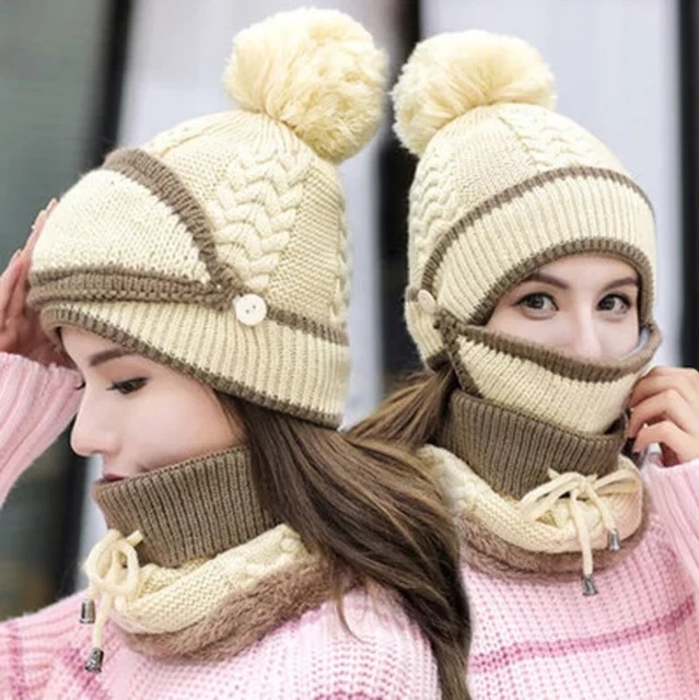 Gorro de invierno para mujer con bufanda, mascarilla para la boca y la nariz
