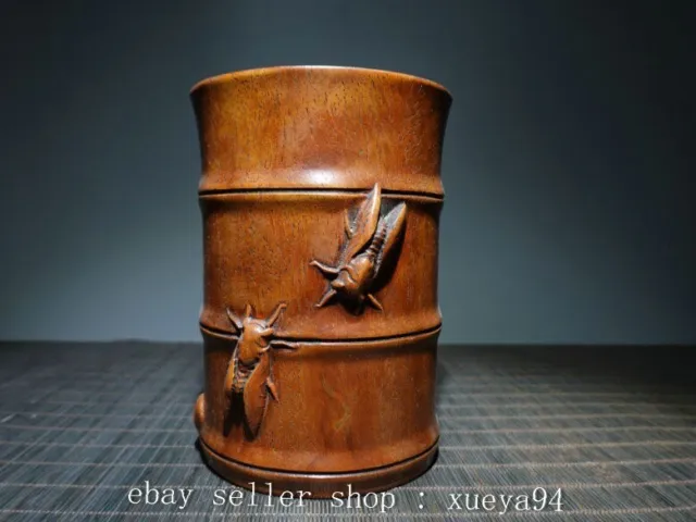 5.9" Chinese Huanghuali Wood Carved Bamboo Leaf Cicada Brush Pot Pencil Vase