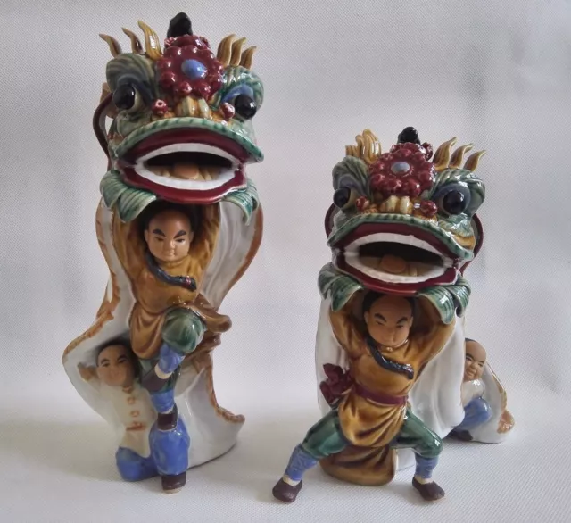 Wonderful Old Handwork porcelain carve Pair Chinese folk art Lion dance statue 2