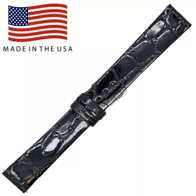 18mm Black Shiny Genuine Alligator Flat  Watch Strap MADE IN USA FBA V-G