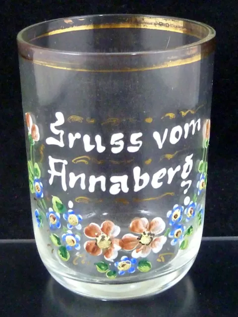 Biedermeier-Saftglas-Andenkenglas "Grüsse vom Annaberg" Mit Emaille-Malerei