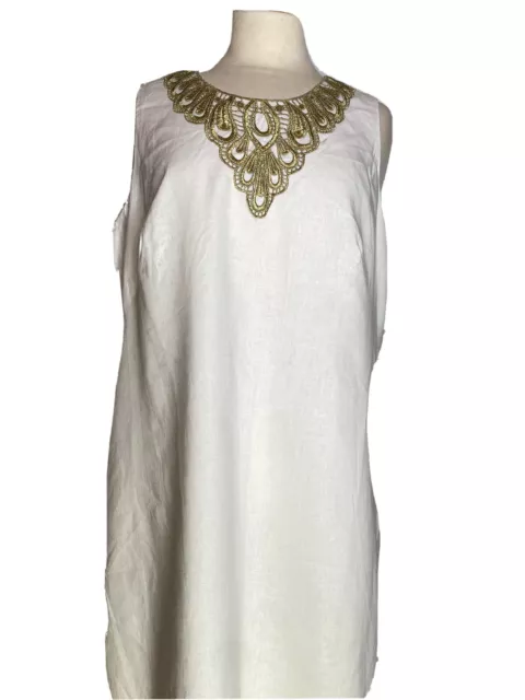 J Howard Womens Size 14 Ivory Dress Gold Applique Linen Blend Lined Sleeveless