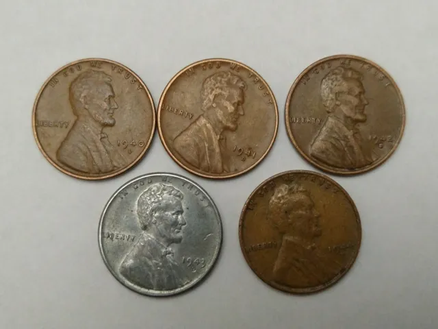 1940 D 1941 D 1942 D 1943 D 1944 D Lincoln Wheat Cent /Penny  Set of 5 Coins Lot