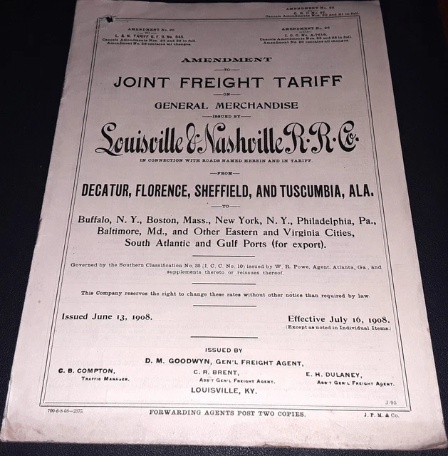 1908 Louisville & Nashville R.R. Co Amendment to Joint Freight Tariff