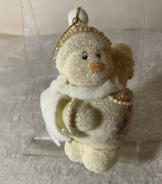 Whimsical Snowman Christmas Ornament Plastic Glitter Pearls Jewels