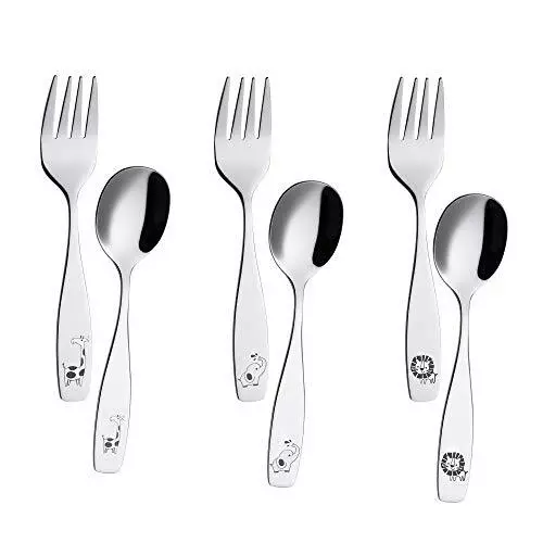 Annova Kids Silverware 6 Pieces Stainless Steel Children's Flatware Set 3 x Forks, 3 x Tablespoon Plastic Handle, Toddler Ute