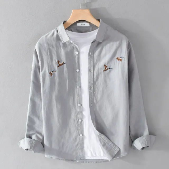 Chinese mens embroidered cotton linen shirt casual long sleeved linen shirt