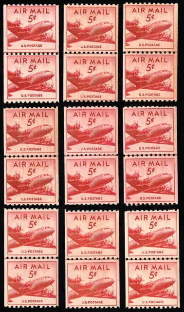 US Stamps # C37 MNH F-VF Airmail Lot Of 9 Line Pairs Scott Value $90.00