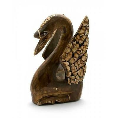 Carved Wooden Swan Figurine Decorative Animal Statue Collectibles Decor Brown