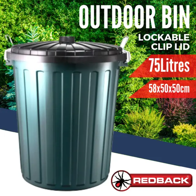 LARGE GREEN REDBACK RUBBISH BIN WITH LID 75L | Garbage Waste Disposal Trash Can
