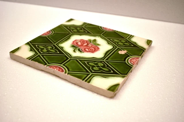 Antique Tile Japan Majolica Art Nouveau Porcelain Floral Rose Geometric Rare"J56 4