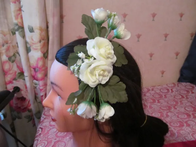 Lovely Cream Roses Hair Fascinator Handmade On Black Comb Leaves About 6" Long