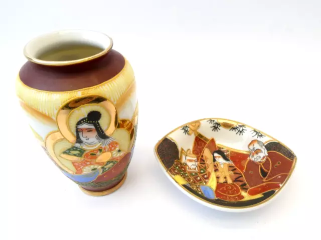 Vintage Hand Painted Japanese Satsuma Moriage Style Pottery Vase Bowl Decorative