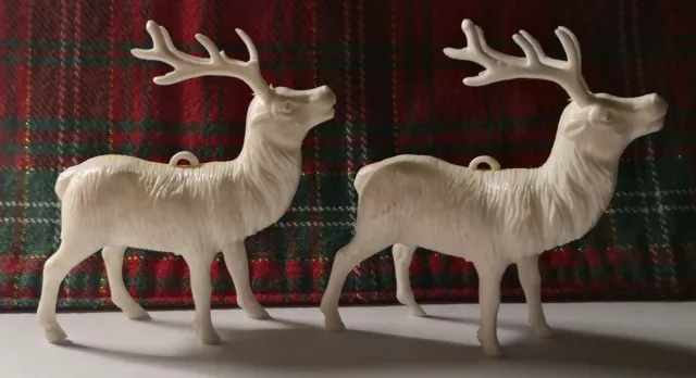 2 Vintage Hard Plastic White Reindeer Christmas Figures Ornaments 2