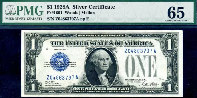 HGR FRIDAY 1928A $1 Silver Certificate ((FUNNY BACK)) PMG GEM UNC 65