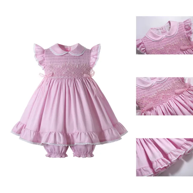 Toddler Baby Girl Dress Smocked Embroidered Dresses with Pants Pink Summer 6-24M