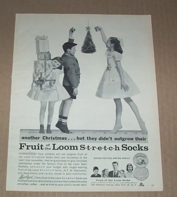 1957 ad page - Fruit of the Loom family Boy Girls socks CUTE Christmas PRINT AD