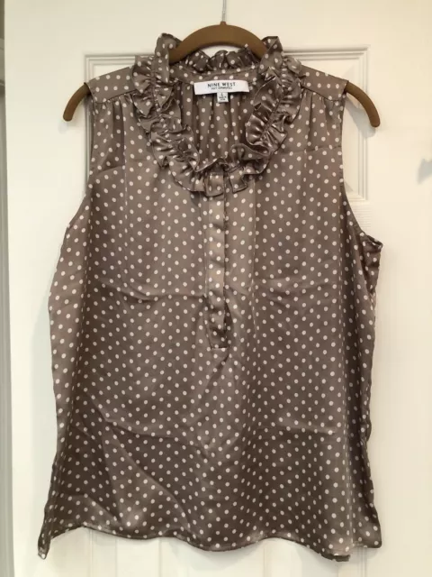 Nine West Suit Separates Sleeveless Blouse Ruffle Neck Brown W/White Polka Dot L