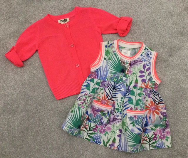 🌸Abito per bambine età 3-6 mesi abito di lino successivo cardigan rosa multi