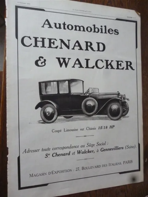 CHENARD & WALCKER 15/18 HP voiture 9 publicité papier ILLUSTRATION 1919
