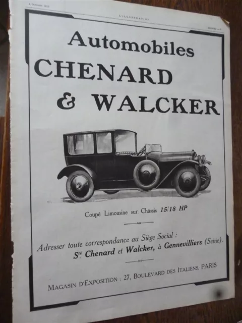CHENARD & WALCKER 15/18 HP voiture 9 publicité papier ILLUSTRATION 1919