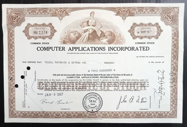 AOP USA 1967 Computer Applications Incorporated 200 share certificate