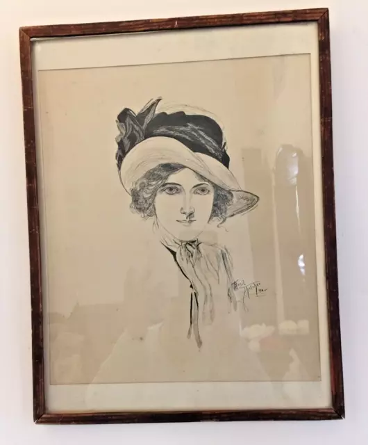 Vintage Pen & Ink Framed Portrait Young Woman Artist Signed Basil Thatcher 1911!