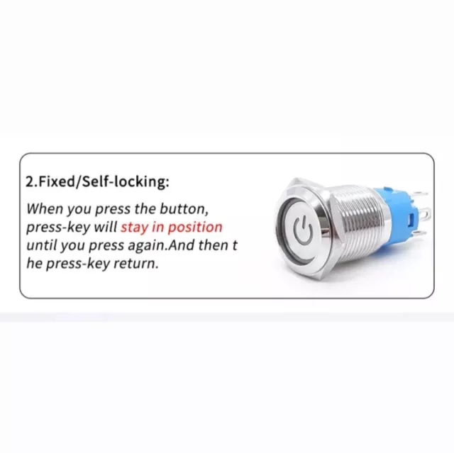 16mm Switch 12V Waterproof Stainless Steel LED Angel LATCHING Push Button- wire 2