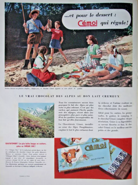 Publicité De Presse 1955 Cémoi Le Vrai Chocolat Des Alpes Au Bon Lait Crémeux.