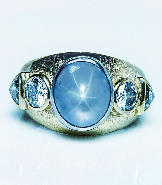 Star Sapphire Gem Trillion Diamond Ring 18K Gold Designer Sparks Vintage Estate