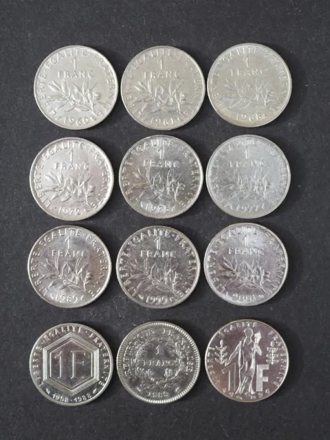 Numismatique FRANCE Lot de 12 Pièces  de 1 Franc  1960 à 2001 - nickel TBE