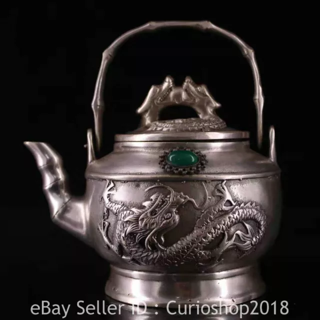 5.6" Marked Old Chinese Copper silver Inlay Gem Dynasty Dragon Kettle