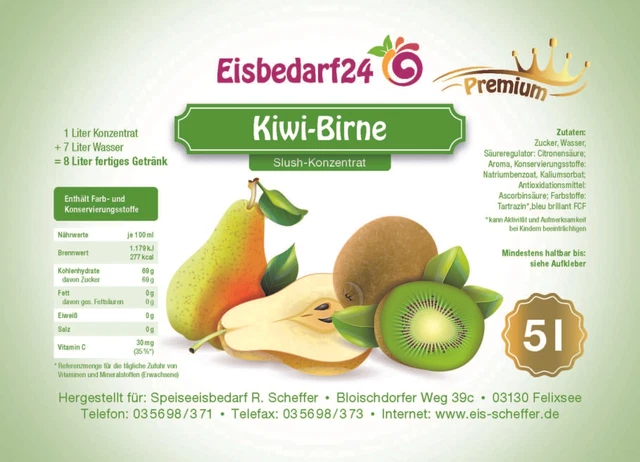 (5,52 €/Liter) Slush Eis Sirup Kiwi-Birne - 5 Liter Konzentrat