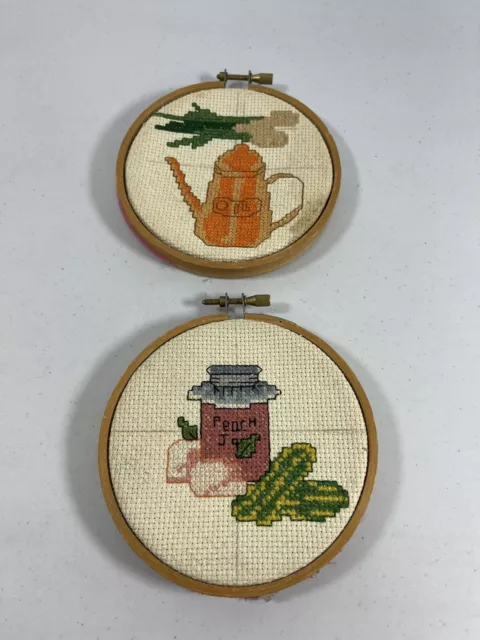 Vintage Set of 2 Framed Cross Stitch Round Hoop Kitchen Decoration Collectible