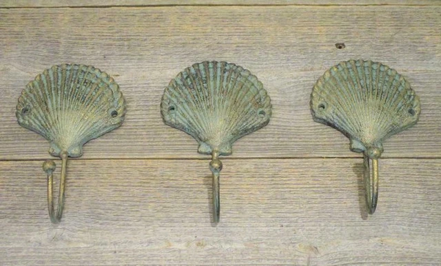 Antique Metal Wall Hooks Sea Shell Handmade Coat Towel Hat Hanging Lot of 3