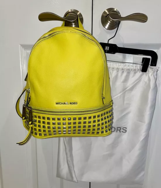 Genuine MICHAEL KORS RHEA ZIP MEDIUM LEATHER BACKPACK stud Bright Yellow 