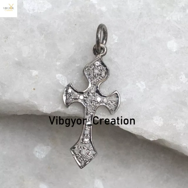 925 Sterling Silver Cross Pendant Natural Pave Diamond Charm Religious Jewelry