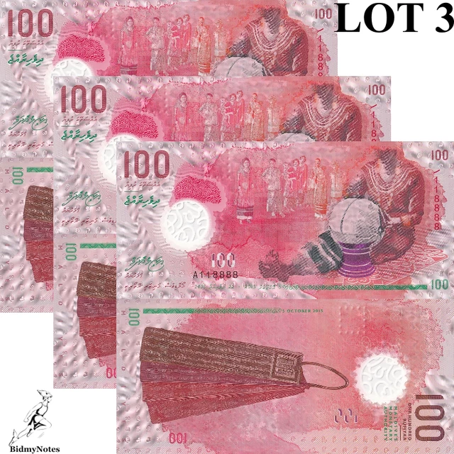 Maldives 100 Rufiyaa 2018 P 29 Polymer UNC LOT 3 pcs